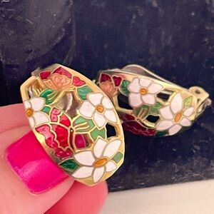 Vintage CLOISONNÉ Floral Spring Butterfly Holiday Christmas Whisical Earrings